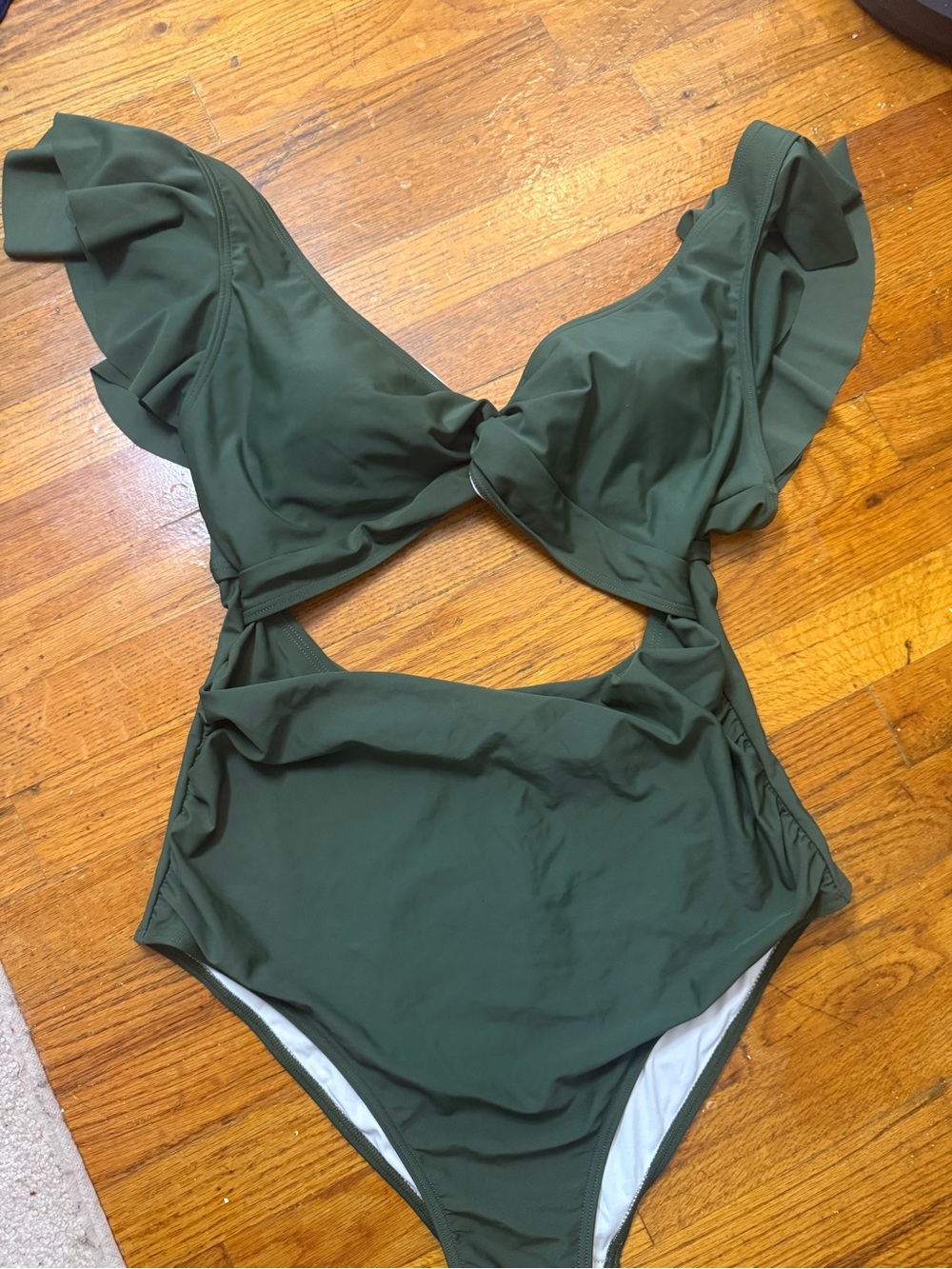 Olive Green One-Piece Swimsuit with Ruffle Shoulders